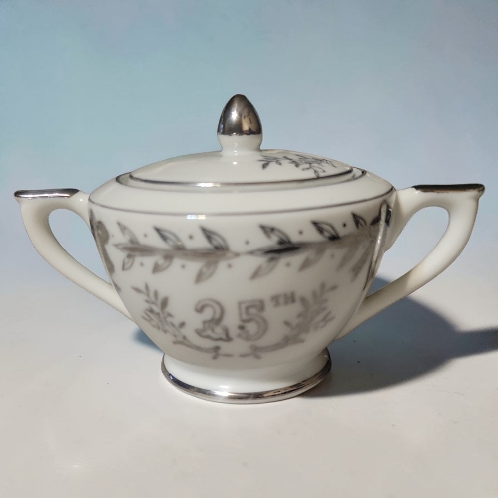Vtg Lefton 25th Anniversary Sugar Bowl W/Lid Silver Accents